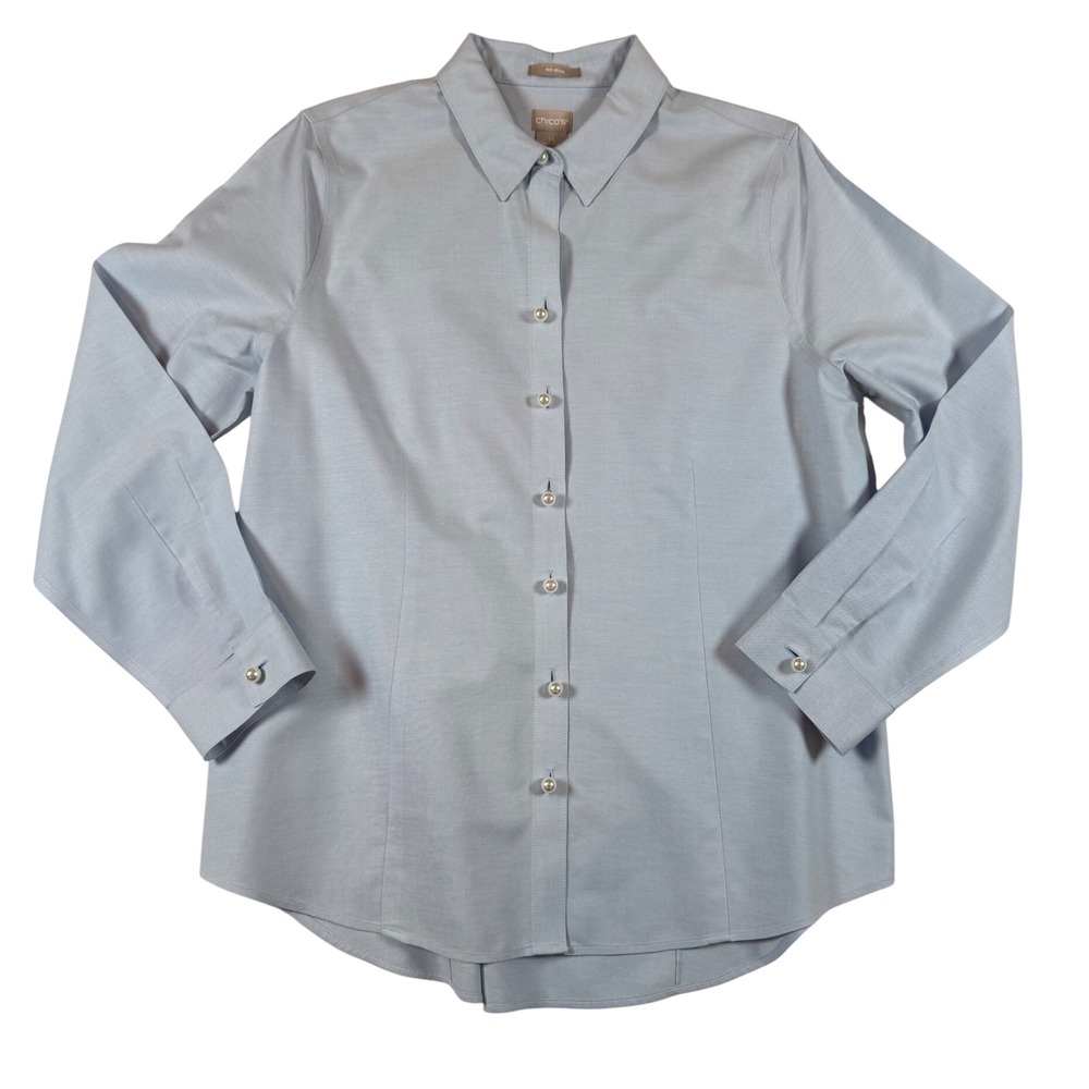Chicos No Iron Blue Pearl Button Down Shirt Long Sleeve Cotton Womens 1.5 M/L